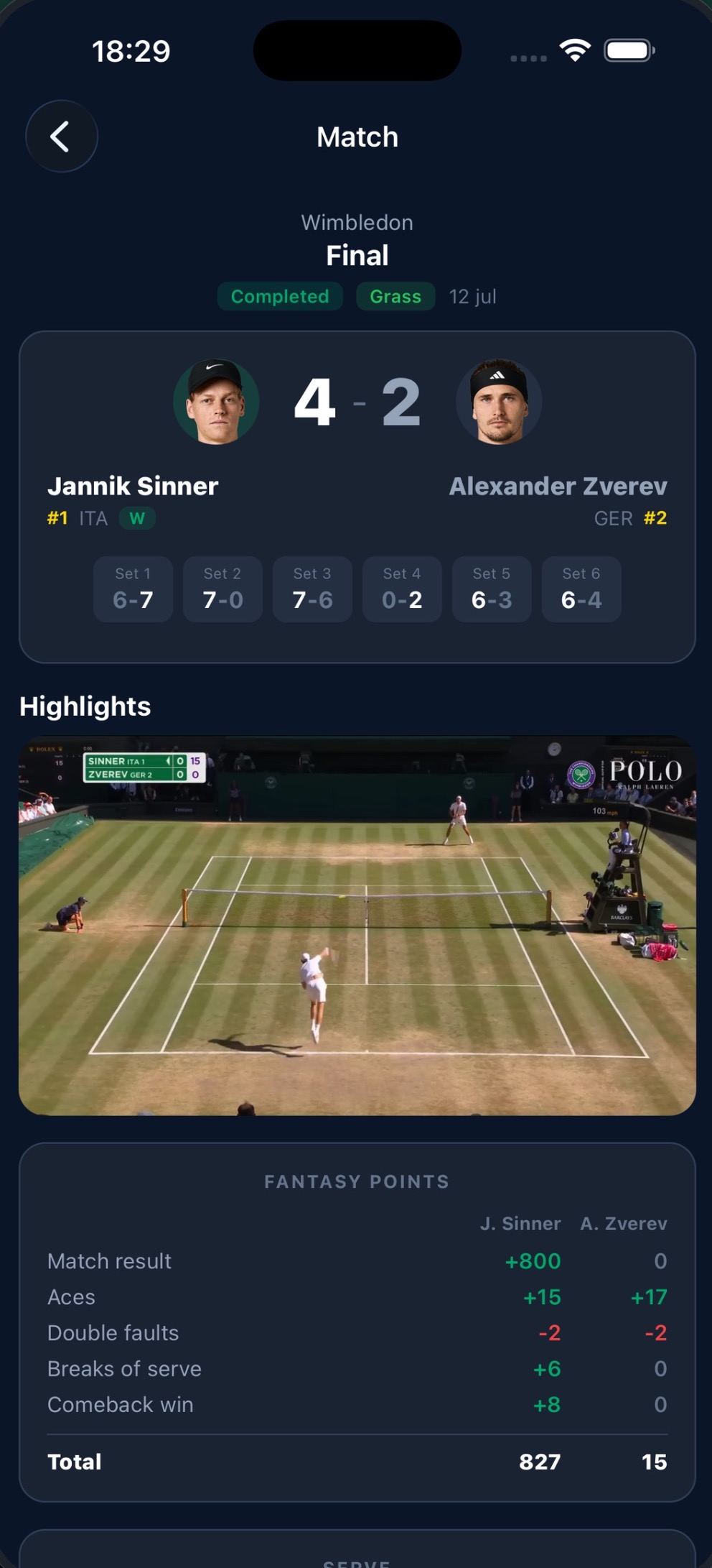 Tennis Fantasy live match
